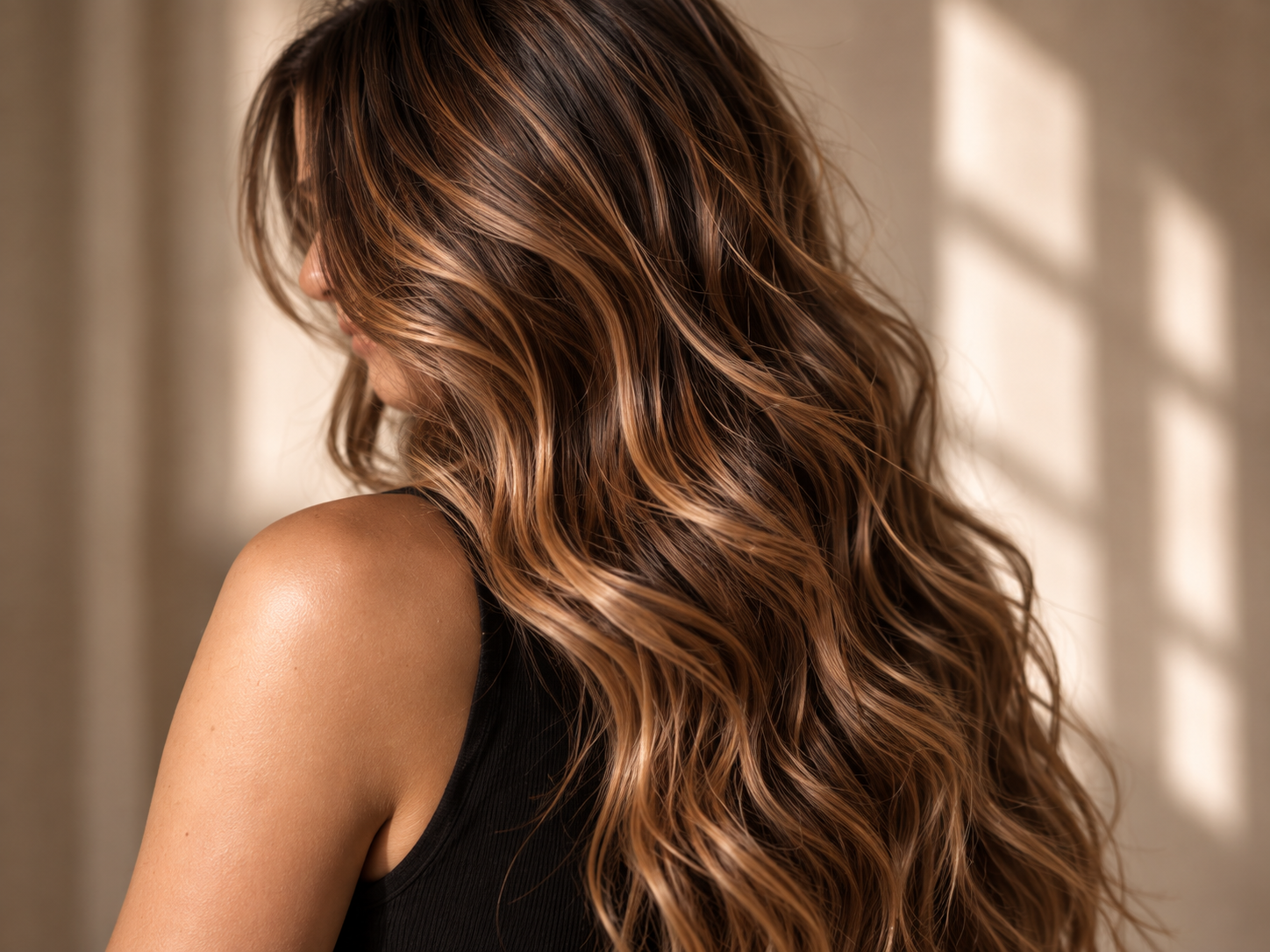 Cabello castaño con iluminación caramelo, vista lateral